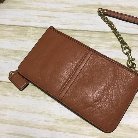 Coach Brown‎ Tan Cognac Leather Gold Zipper Wristlet Wallet Bag - Picture 3 of 6